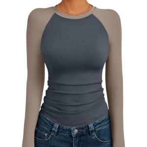 Trendy Queen Women’s Long Sleeve Shirts Slim Fit Stretchy Color Block Slightly Cropped Tops(Charcoal Mocha Combo)