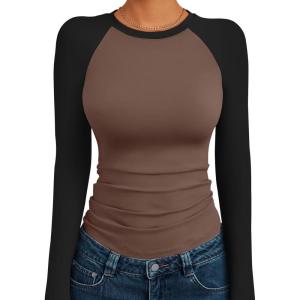 Trendy Queen Women’s Long Sleeve Shirts Slim Fit Stretchy Color Block Slightly Cropped Tops(Chocolatebrown Black Combo)