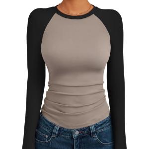 Trendy Queen Women’s Long Sleeve Shirts Slim Fit Stretchy Color Block Slightly Cropped Tops(Mocha Black Combo)