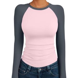 Trendy Queen Women’s Long Sleeve Shirts Slim Fit Stretchy Color Block Slightly Cropped Tops(Pink Charcoal Combo)
