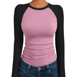Trendy Queen Women’s Long Sleeve Shirts Slim Fit Stretchy Color Block Slightly Cropped Tops(Rose Black Combo)