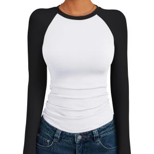 Trendy Queen Women’s Long Sleeve Shirts Slim Fit Stretchy Color Block Slightly Cropped Tops(White Black Combo)