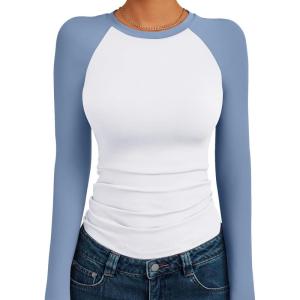 Trendy Queen Women’s Long Sleeve Shirts Slim Fit Stretchy Color Block Slightly Cropped Tops(White Blue Combo)