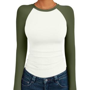 Trendy Queen Women’s Long Sleeve Shirts Slim Fit Stretchy Color Block Slightly Cropped Tops(White Green Combo)