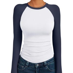 Trendy Queen Women’s Long Sleeve Shirts Slim Fit Stretchy Color Block Slightly Cropped Tops(White Navy Combo)
