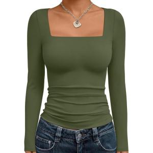 Trendy Queen Womens Long Sleeve Shirts Square Neck Going Out Crop Tops Fashion Y2k Workout Clothes Fall Outfits 2025(Army Green)
