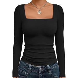 Trendy Queen Womens Long Sleeve Shirts Square Neck Going Out Crop Tops Fashion Y2k Workout Clothes Fall Outfits 2025(Black)