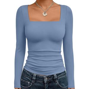 Trendy Queen Womens Long Sleeve Shirts Square Neck Going Out Crop Tops Fashion Y2k Workout Clothes Fall Outfits 2025(Blue)