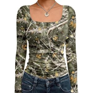 Trendy Queen Womens Long Sleeve Shirts Square Neck Going Out Crop Tops Fashion Y2k Workout Clothes Fall Outfits 2025(Camo)