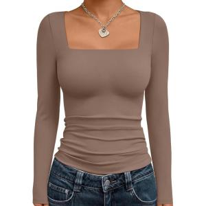 Trendy Queen Womens Long Sleeve Shirts Square Neck Going Out Crop Tops Fashion Y2k Workout Clothes Fall Outfits 2025(Coffee Grey)