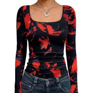 Trendy Queen Womens Long Sleeve Shirts Square Neck Going Out Crop Tops Fashion Y2k Workout Clothes Fall Outfits 2025(Flame)