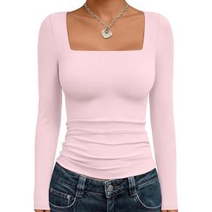 Trendy Queen Womens Long Sleeve Shirts Square Neck Going Out Crop Tops Fashion Y2k Workout Clothes Fall Outfits 2025(Pink)