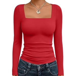 Trendy Queen Womens Long Sleeve Shirts Square Neck Going Out Crop Tops Fashion Y2k Workout Clothes Fall Outfits 2025(Red)