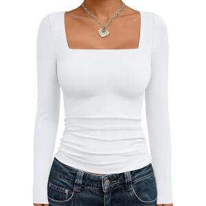 Trendy Queen Womens Long Sleeve Shirts Square Neck Going Out Crop Tops Fashion Y2k Workout Clothes Fall Outfits 2025(White)