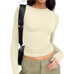 Trendy Queen Womens Long Sleeve T Shirts Fall Fashion 2025 Basic Crop Tops Going Out Outfits Y2k Clothes(Apricot)