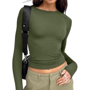 Trendy Queen Womens Long Sleeve T Shirts Fall Fashion 2025 Basic Crop Tops Going Out Outfits Y2k Clothes(Army Green)