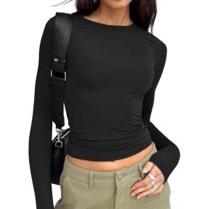 Trendy Queen Womens Long Sleeve T Shirts Fall Fashion 2025 Basic Crop Tops Going Out Outfits Y2k Clothes(Black)