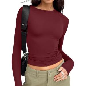 Trendy Queen Womens Long Sleeve T Shirts Fall Fashion 2025 Basic Crop Tops Going Out Outfits Y2k Clothes(Burgundy)