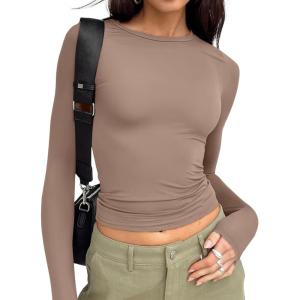 Trendy Queen Womens Long Sleeve T Shirts Fall Fashion 2025 Basic Crop Tops Going Out Outfits Y2k Clothes(Coffee Grey)