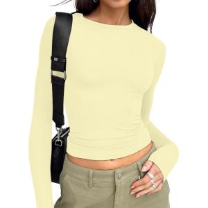 Trendy Queen Womens Long Sleeve T Shirts Fall Fashion 2025 Basic Crop Tops Going Out Outfits Y2k Clothes(Creamy Yellow)