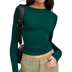 Trendy Queen Womens Long Sleeve T Shirts Fall Fashion 2025 Basic Crop Tops Going Out Outfits Y2k Clothes(Dark Green)