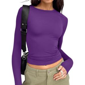 Trendy Queen Womens Long Sleeve T Shirts Fall Fashion 2025 Basic Crop Tops Going Out Outfits Y2k Clothes(Dark Purple)
