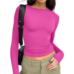 Trendy Queen Womens Long Sleeve T Shirts Fall Fashion 2025 Basic Crop Tops Going Out Outfits Y2k Clothes(Hot Pink)