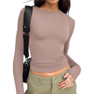 Trendy Queen Womens Long Sleeve T Shirts Fall Fashion 2025 Basic Crop Tops Going Out Outfits Y2k Clothes(Latte)