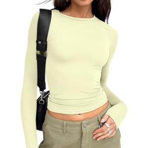 Trendy Queen Womens Long Sleeve T Shirts Fall Fashion 2025 Basic Crop Tops Going Out Outfits Y2k Clothes(Lemon Yellow)