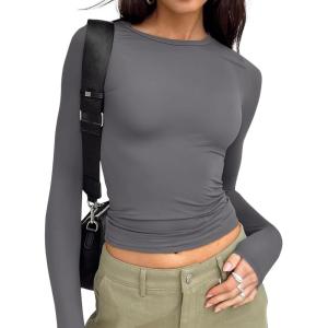Trendy Queen Womens Long Sleeve T Shirts Fall Fashion 2025 Basic Crop Tops Going Out Outfits Y2k Clothes(Light Gray)