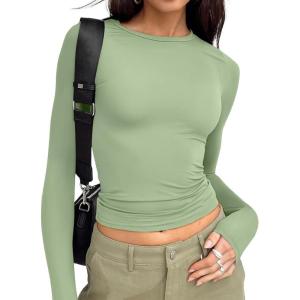 Trendy Queen Womens Long Sleeve T Shirts Fall Fashion 2025 Basic Crop Tops Going Out Outfits Y2k Clothes(Light Green)