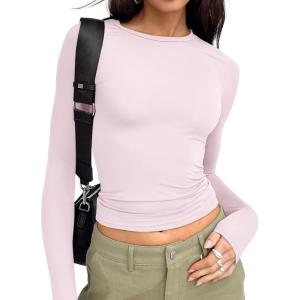 Trendy Queen Womens Long Sleeve T Shirts Fall Fashion 2025 Basic Crop Tops Going Out Outfits Y2k Clothes(Light Pink)