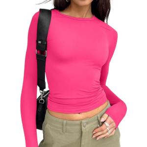 Trendy Queen Womens Long Sleeve T Shirts Fall Fashion 2025 Basic Crop Tops Going Out Outfits Y2k Clothes(Neon Pink)