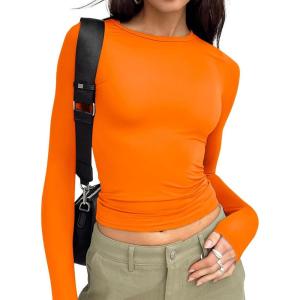 Trendy Queen Womens Long Sleeve T Shirts Fall Fashion 2025 Basic Crop Tops Going Out Outfits Y2k Clothes(Orange)