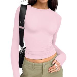 Trendy Queen Womens Long Sleeve T Shirts Fall Fashion 2025 Basic Crop Tops Going Out Outfits Y2k Clothes(Pink)