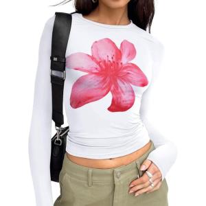 Trendy Queen Womens Long Sleeve T Shirts Fall Fashion 2025 Basic Crop Tops Going Out Outfits Y2k Clothes(Pink Flower)