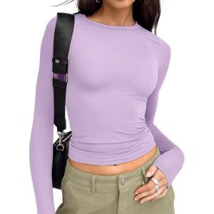 Trendy Queen Womens Long Sleeve T Shirts Fall Fashion 2025 Basic Crop Tops Going Out Outfits Y2k Clothes(Purple)