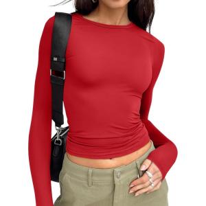 Trendy Queen Womens Long Sleeve T Shirts Fall Fashion 2025 Basic Crop Tops Going Out Outfits Y2k Clothes(Red)