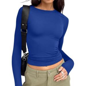Trendy Queen Womens Long Sleeve T Shirts Fall Fashion 2025 Basic Crop Tops Going Out Outfits Y2k Clothes(Royal Blue)