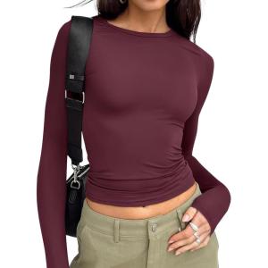 Trendy Queen Womens Long Sleeve T Shirts Fall Fashion 2025 Basic Crop Tops Going Out Outfits Y2k Clothes(Wine Red)