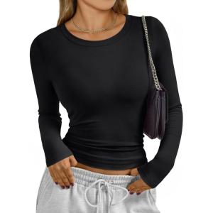 Trendy Queen Womens Long Sleeve T-Shirts Basic Crop Tops 2025 Fall Fashion Outfits Going Out Winter Clothes(Black)