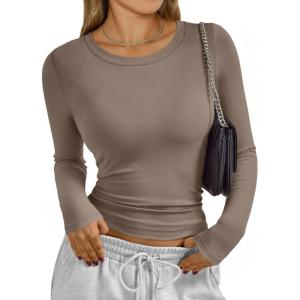 Trendy Queen Womens Long Sleeve T-Shirts Basic Crop Tops 2025 Fall Fashion Outfits Going Out Winter Clothes(Khaki)