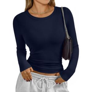 Trendy Queen Womens Long Sleeve T-Shirts Basic Crop Tops 2025 Fall Fashion Outfits Going Out Winter Clothes(Navy Blue)