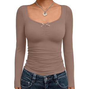 Trendy Queen Womens Long Sleeve Tops Going Out Top Trendy Cute Shirt Y2k Clothes Fashion Clothing Fall Outfits 2025(Coffeegrey)