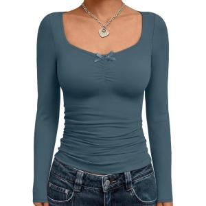Trendy Queen Womens Long Sleeve Tops Going Out Top Trendy Cute Shirt Y2k Clothes Fashion Clothing Fall Outfits 2025(Hazeblue)