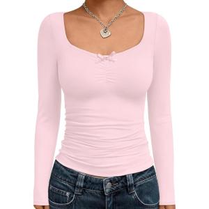 Trendy Queen Womens Long Sleeve Tops Going Out Top Trendy Cute Shirt Y2k Clothes Fashion Clothing Fall Outfits 2025(Pink)