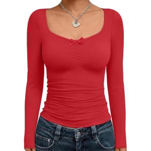 Trendy Queen Womens Long Sleeve Tops Going Out Top Trendy Cute Shirt Y2k Clothes Fashion Clothing Fall Outfits 2025(Red)