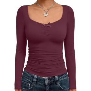 Trendy Queen Womens Long Sleeve Tops Going Out Top Trendy Cute Shirt Y2k Clothes Fashion Clothing Fall Outfits 2025(Wine Red)