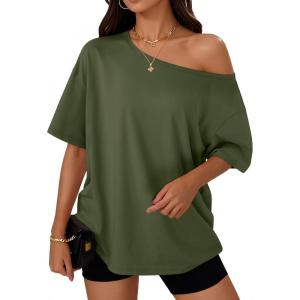 Trendy Queen Womens Off The Shoulder Tops Oversized T-Shirts Short Sleeve Tees Summer 2025 Casual Spring Fashion Clothes(Armygreen)