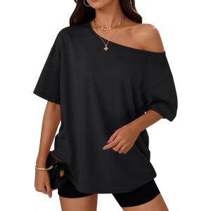 Trendy Queen Womens Off The Shoulder Tops Oversized T-Shirts Short Sleeve Tees Summer 2025 Casual Spring Fashion Clothes(Black)